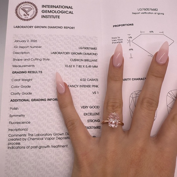 4.02 carat fancy pink antique cushion lab diamond compass prongs engagement ring - Picture 7 of 11